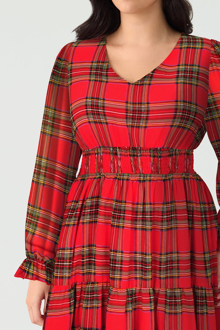 Pockets Plaid Smocked Waist Long Sleeve Tiered Midi Dress