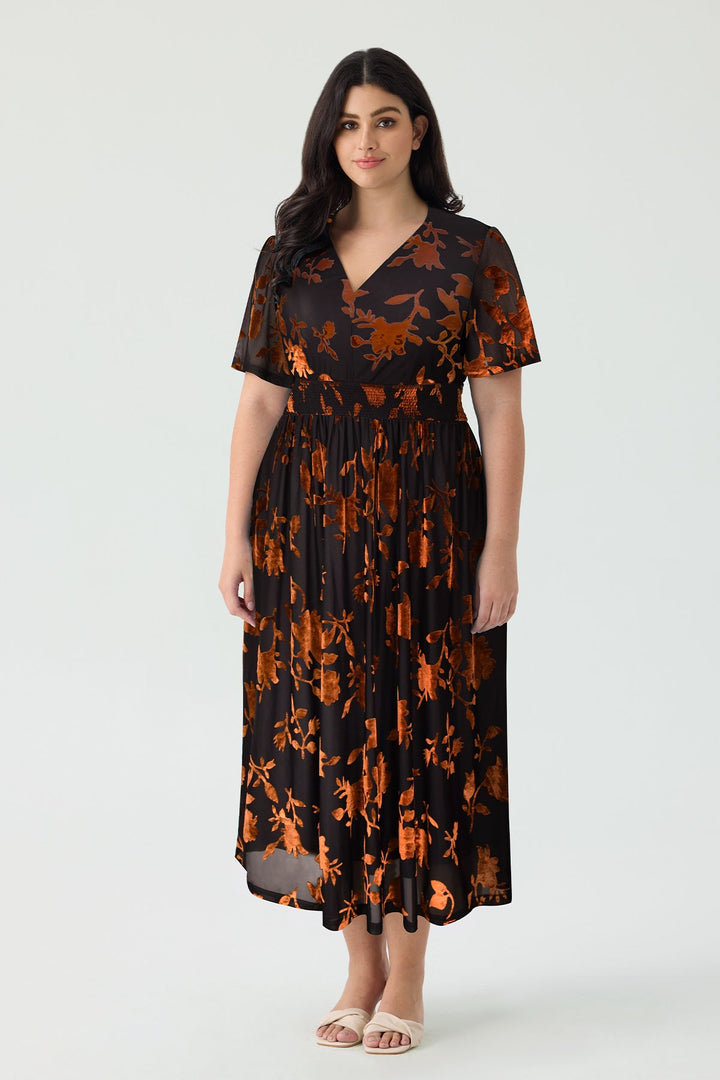 Pockets Smocked Waist Jacquard Floral A-Line Midi Dress