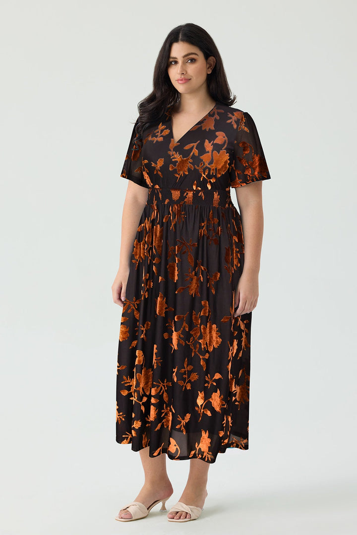 Pockets Smocked Waist Jacquard Floral A-Line Midi Dress