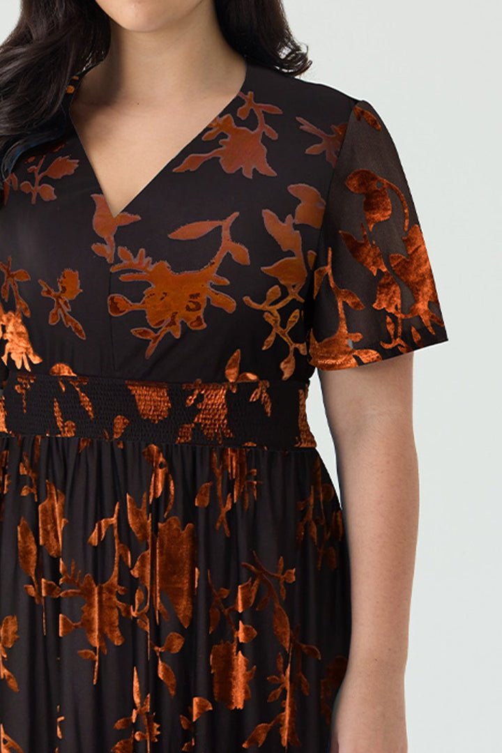 Pockets Smocked Waist Jacquard Floral A-Line Midi Dress