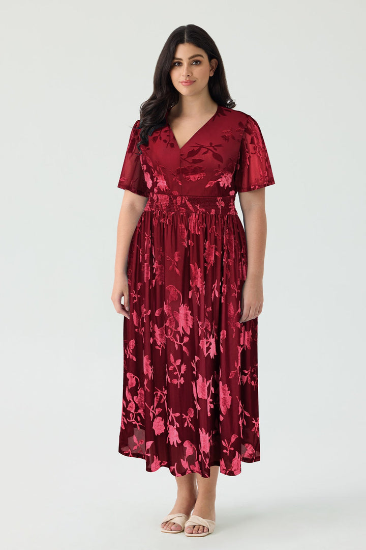 Pockets Smocked Waist Jacquard Floral A-Line Midi Dress