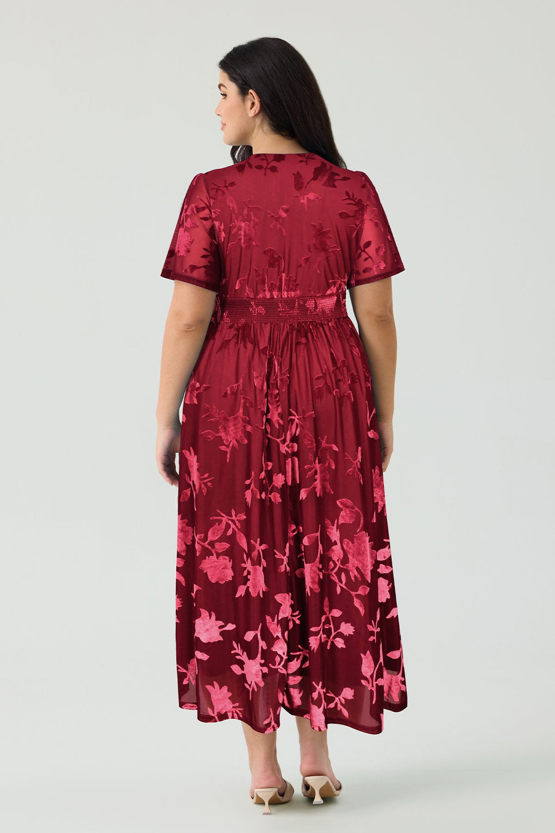 Pockets Smocked Waist Jacquard Floral A-Line Midi Dress