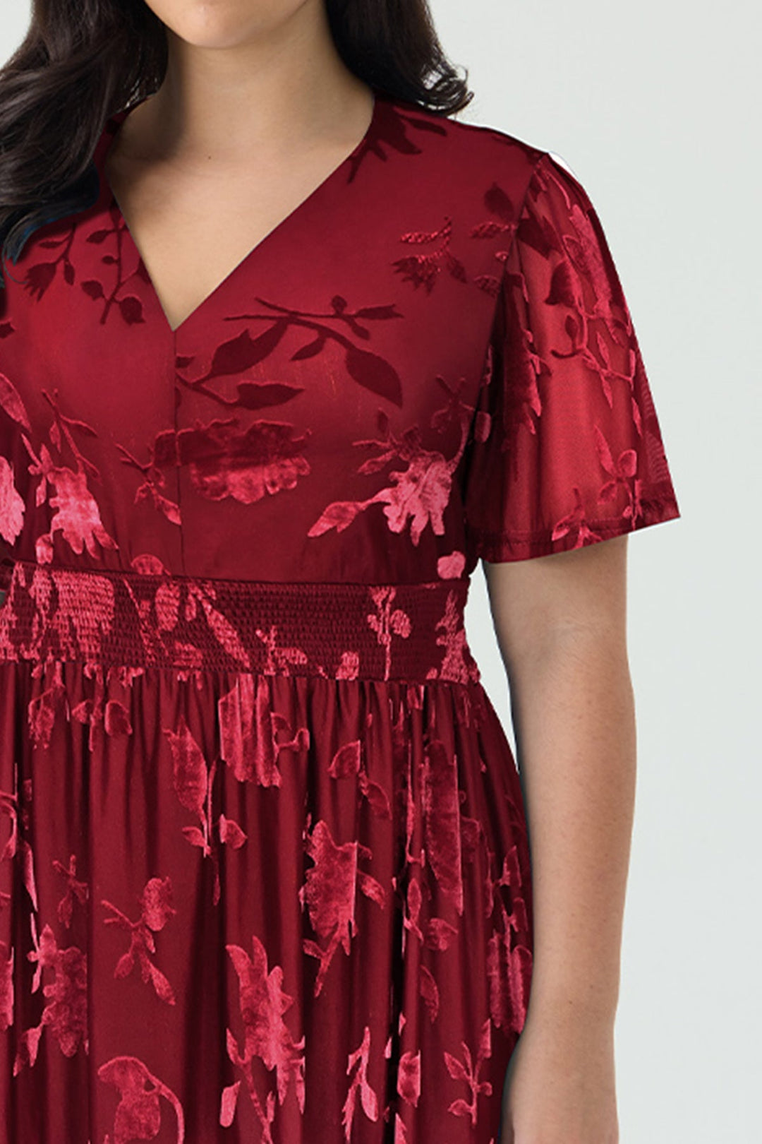 Pockets Smocked Waist Jacquard Floral A-Line Midi Dress