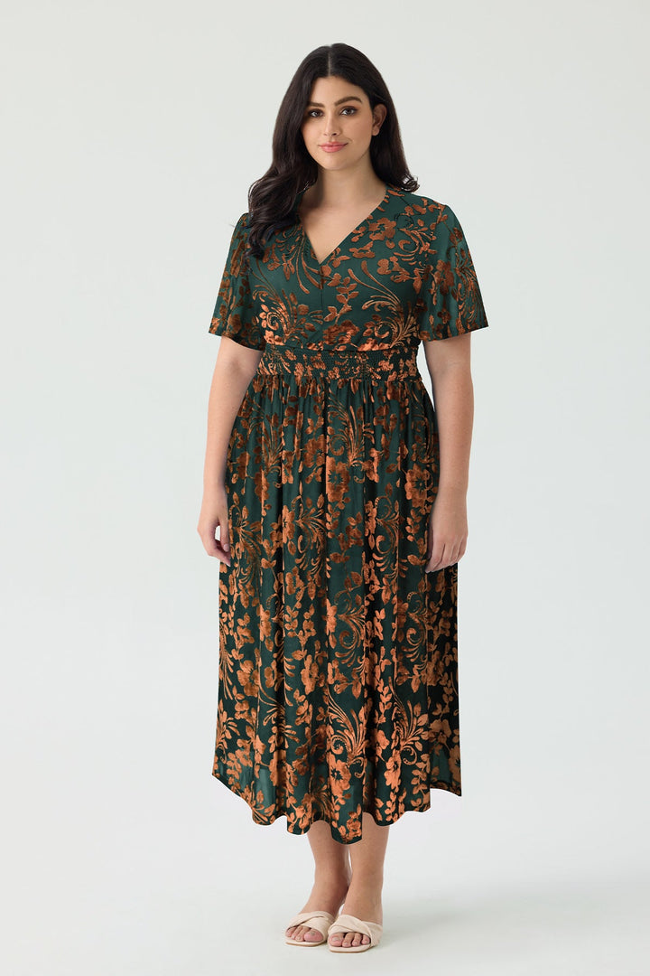 Pockets Smocked Waist Jacquard Floral A-Line Midi Dress