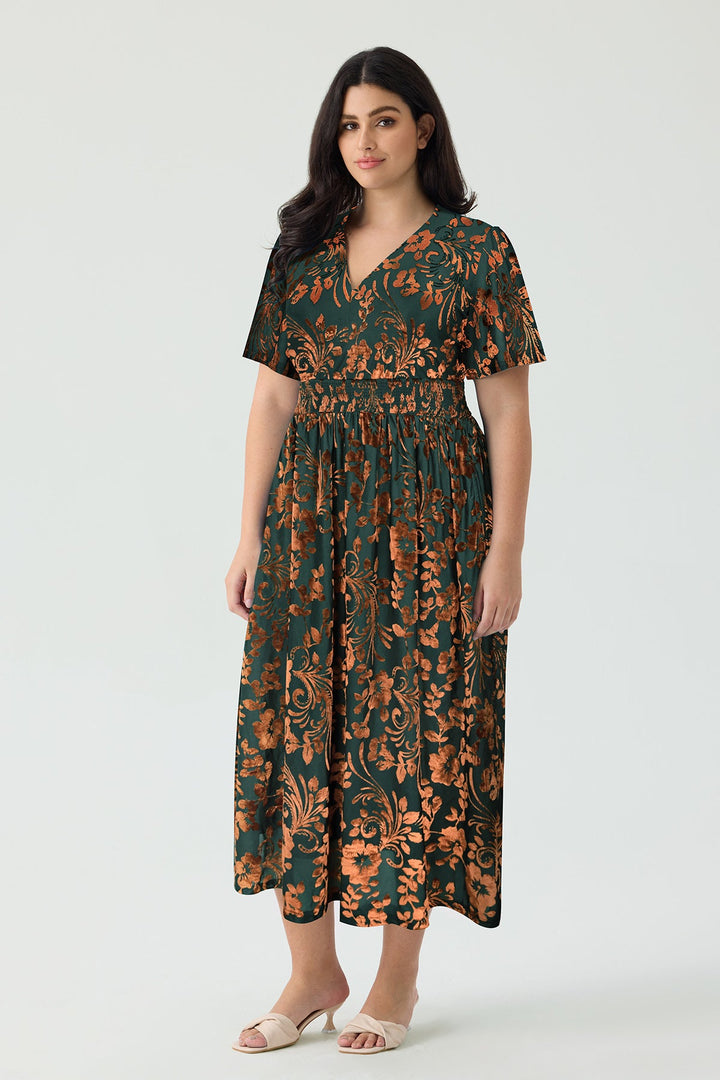 Pockets Smocked Waist Jacquard Floral A-Line Midi Dress