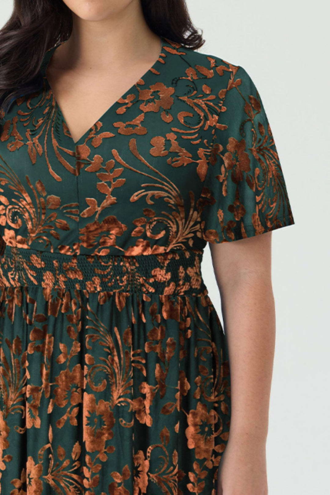 Pockets Smocked Waist Jacquard Floral A-Line Midi Dress