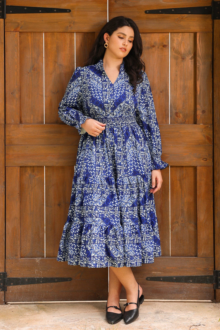 Pockets Smocked Waist Floral Print Tiered Midi Dress
