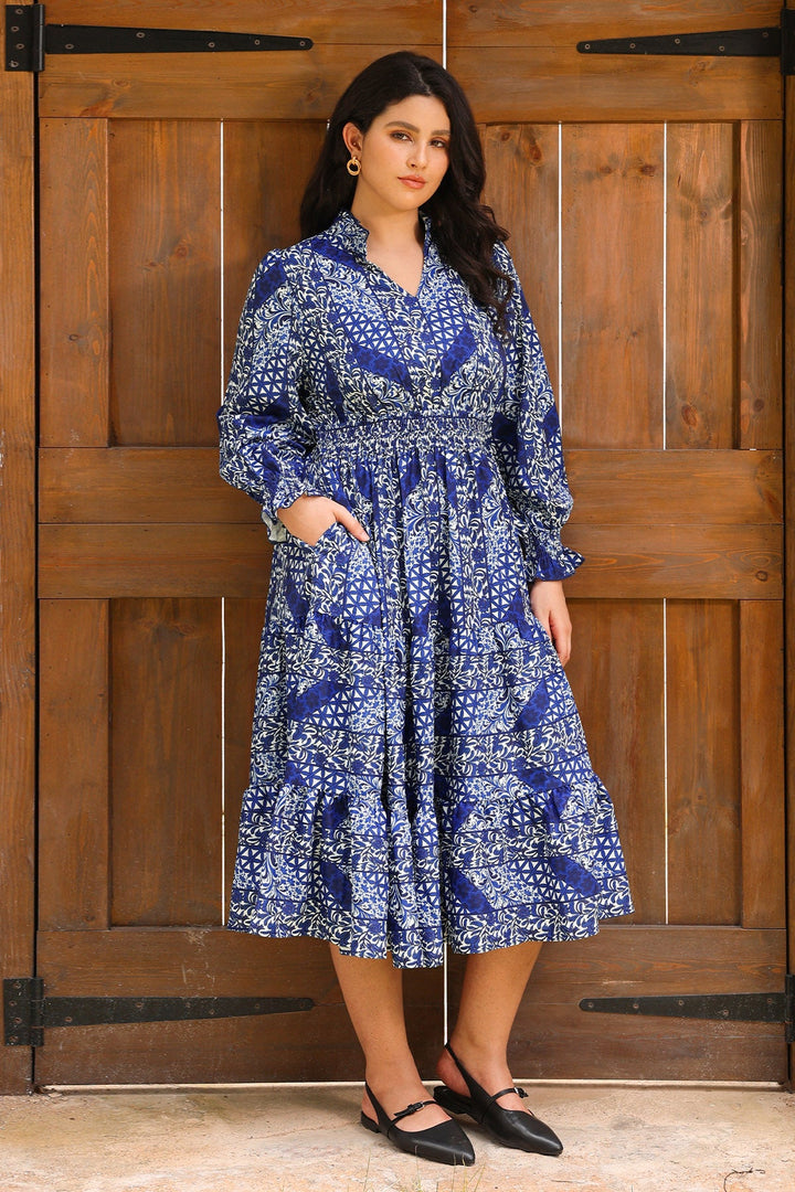 Pockets Smocked Waist Floral Print Tiered Midi Dress