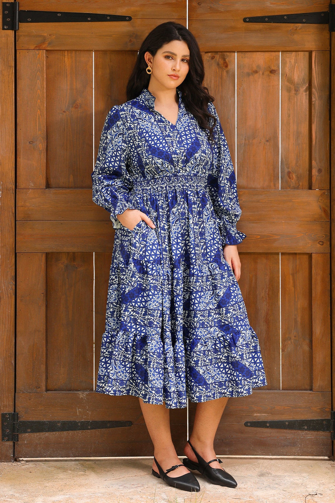 Pockets Smocked Waist Floral Print Tiered Midi Dress