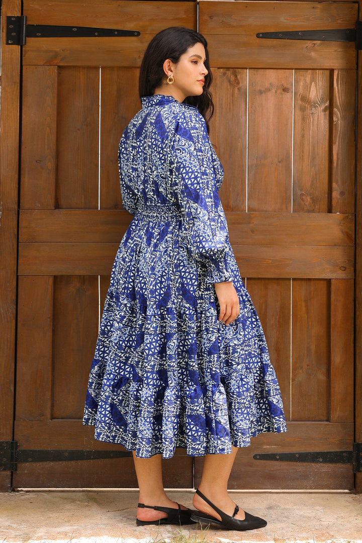Pockets Smocked Waist Floral Print Tiered Midi Dress