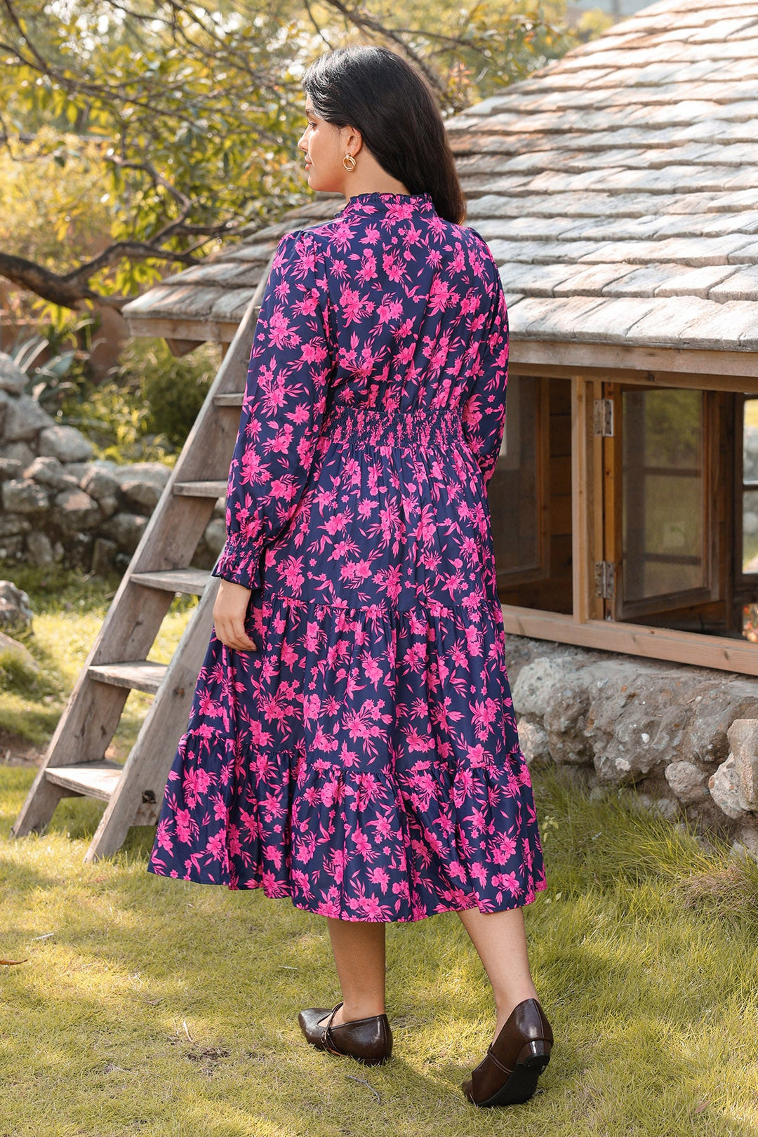 Pockets Smocked Waist Floral Print Tiered Midi Dress