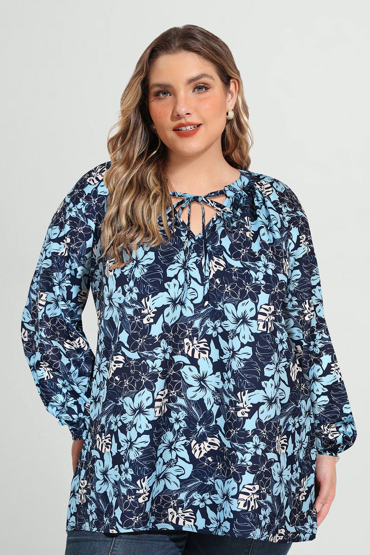 Vibrant Floral Tie-Neck Long Sleeve Blouse