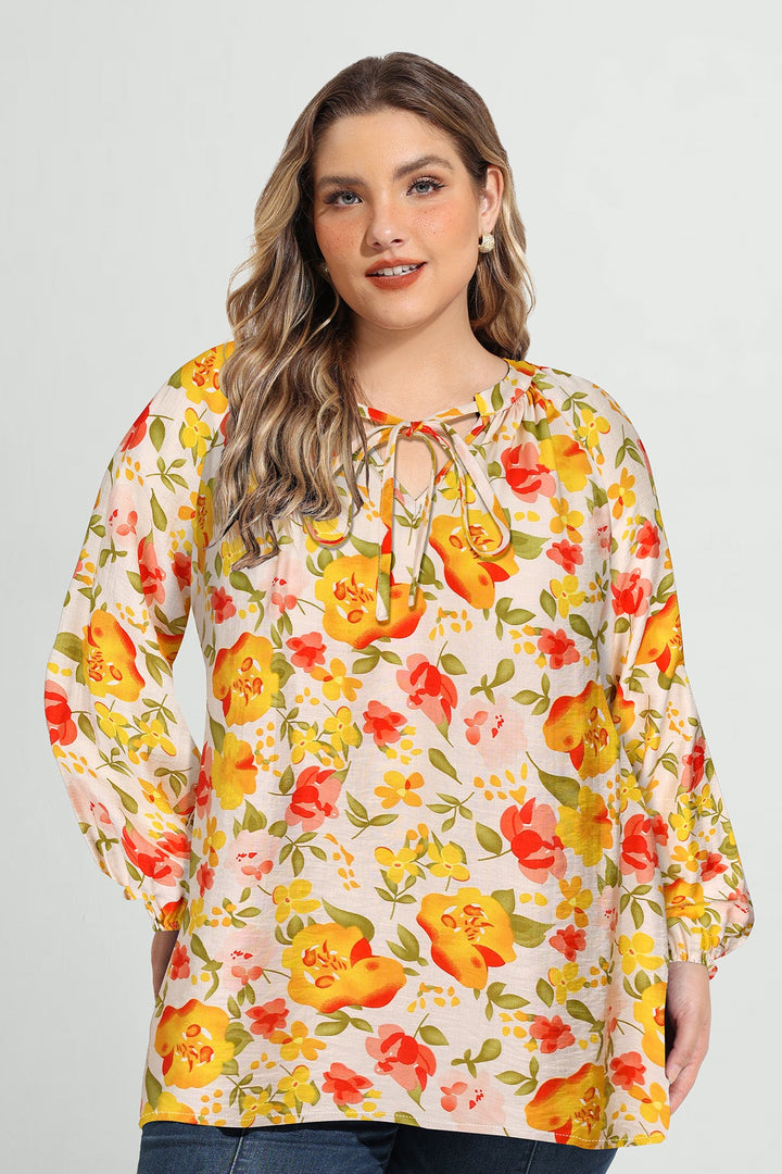 Vibrant Floral Tie-Neck Long Sleeve Blouse