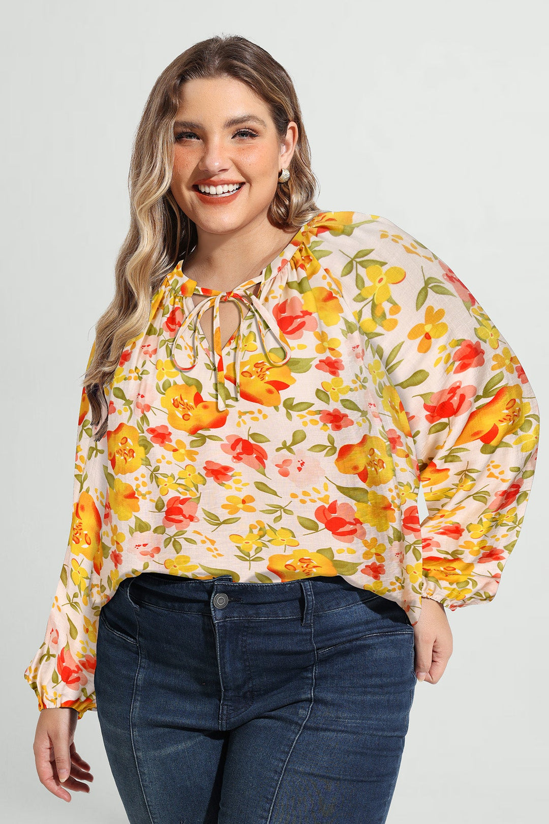 Vibrant Floral Tie-Neck Long Sleeve Blouse