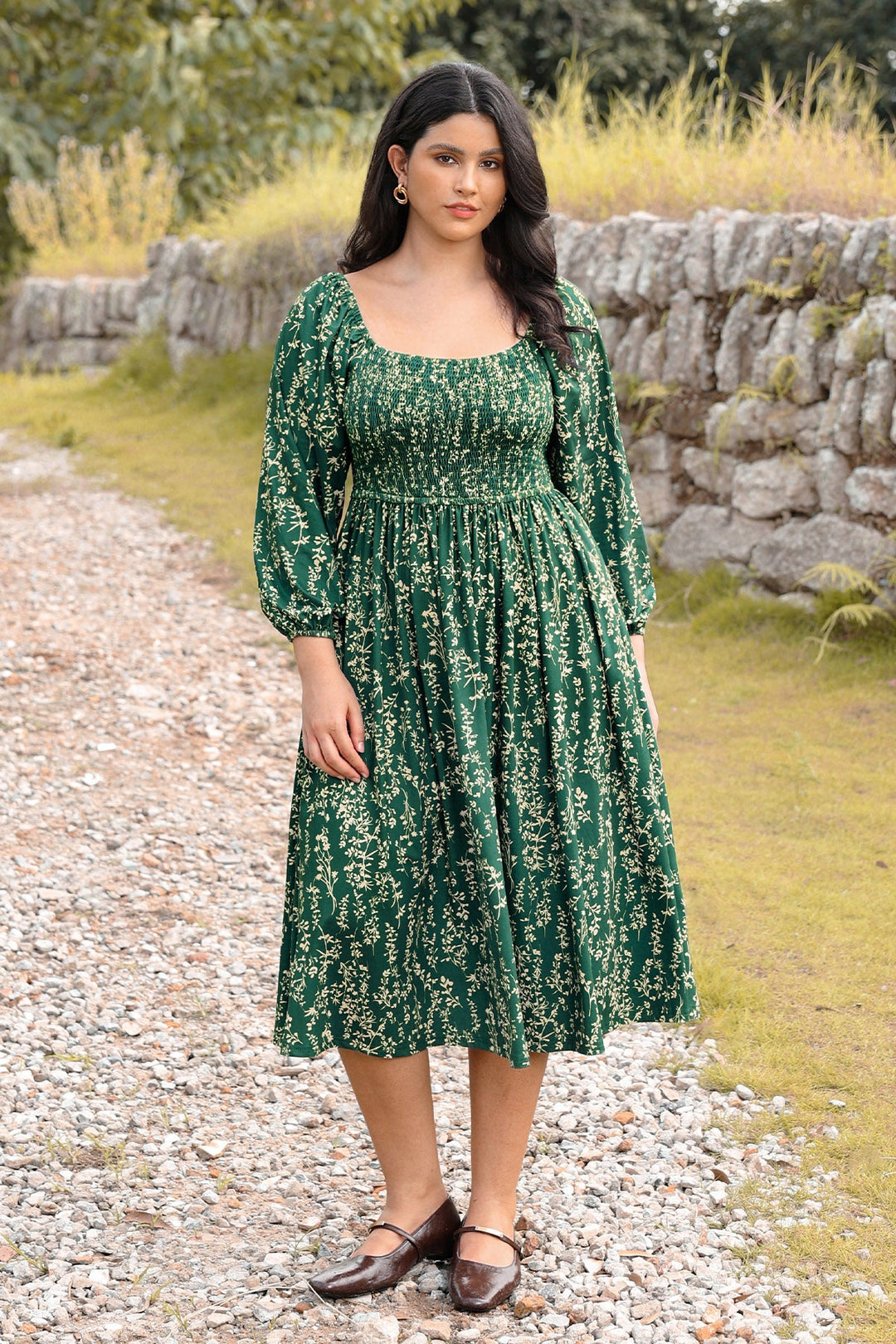 Pockets Chic Floral Smocked Square Neck Midi Dress