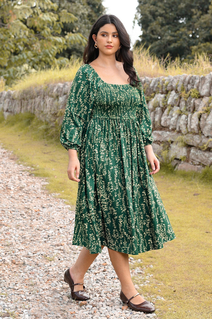Pockets Chic Floral Smocked Square Neck Midi Dress