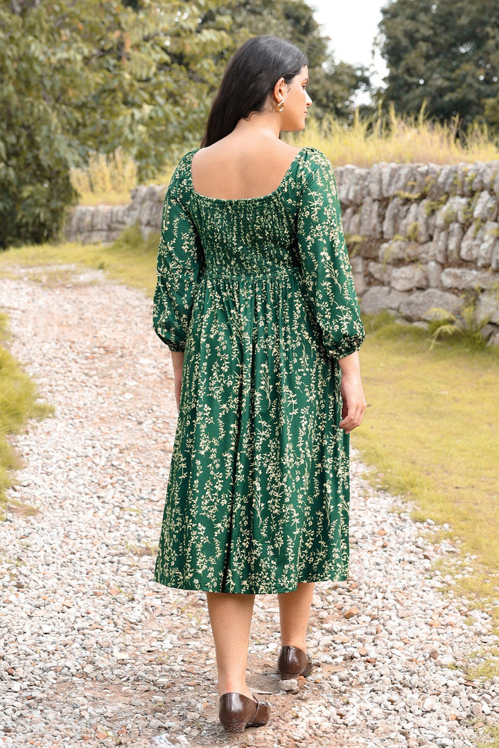 Pockets Chic Floral Smocked Square Neck Midi Dress