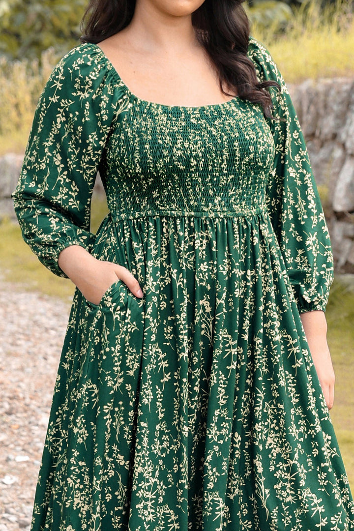 Pockets Chic Floral Smocked Square Neck Midi Dress