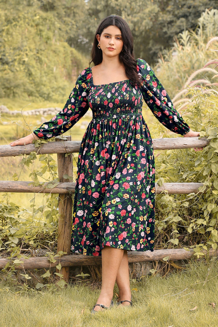 Pockets Chic Floral Smocked Square Neck Midi Dress