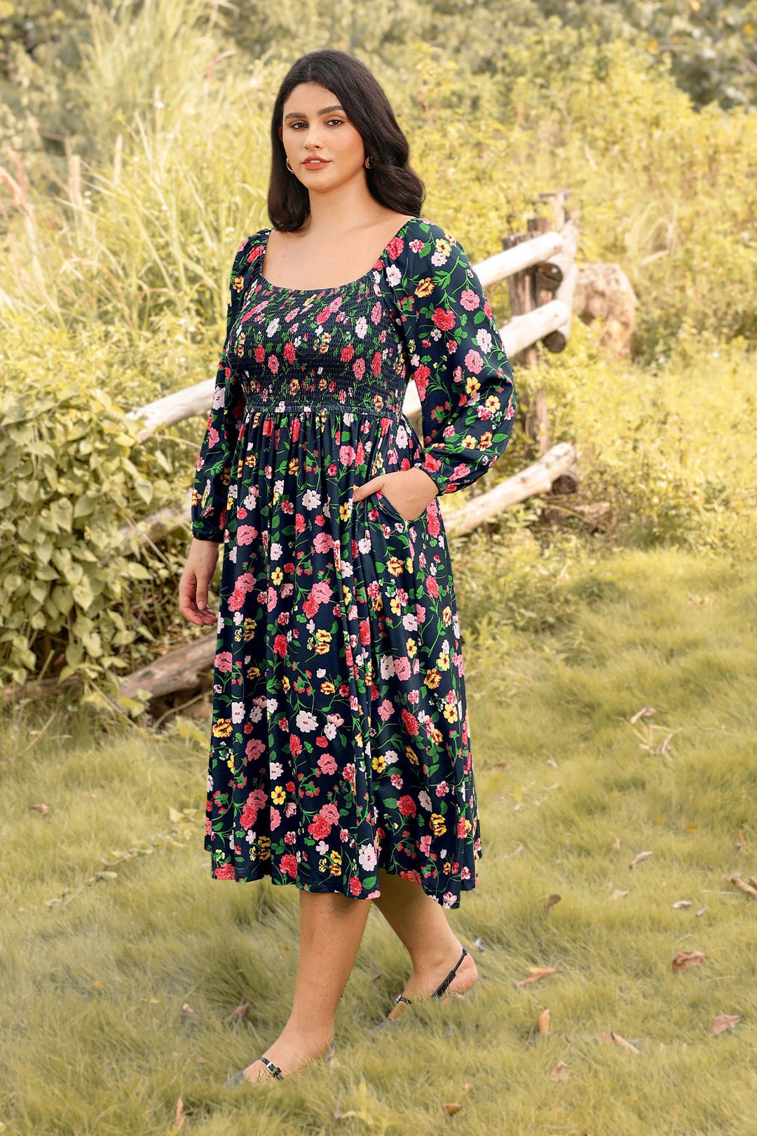 Pockets Chic Floral Smocked Square Neck Midi Dress
