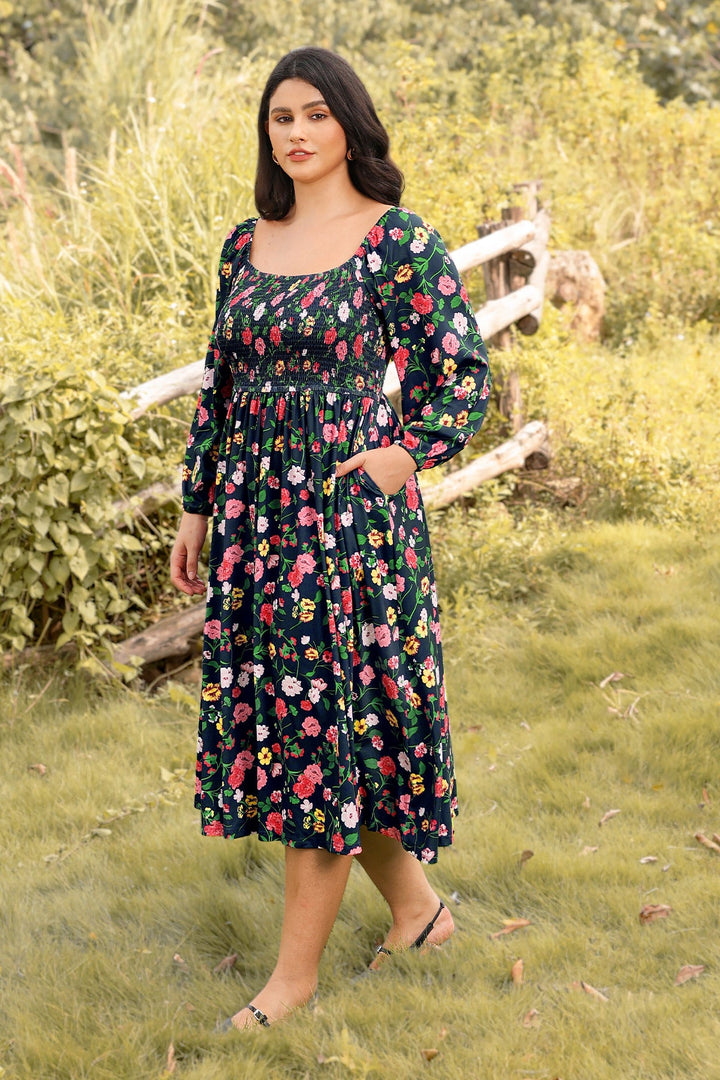 Pockets Chic Floral Smocked Square Neck Midi Dress