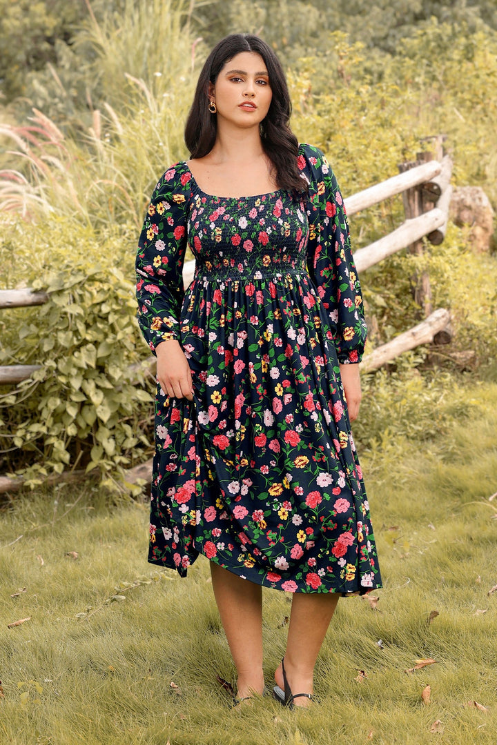 Pockets Chic Floral Smocked Square Neck Midi Dress