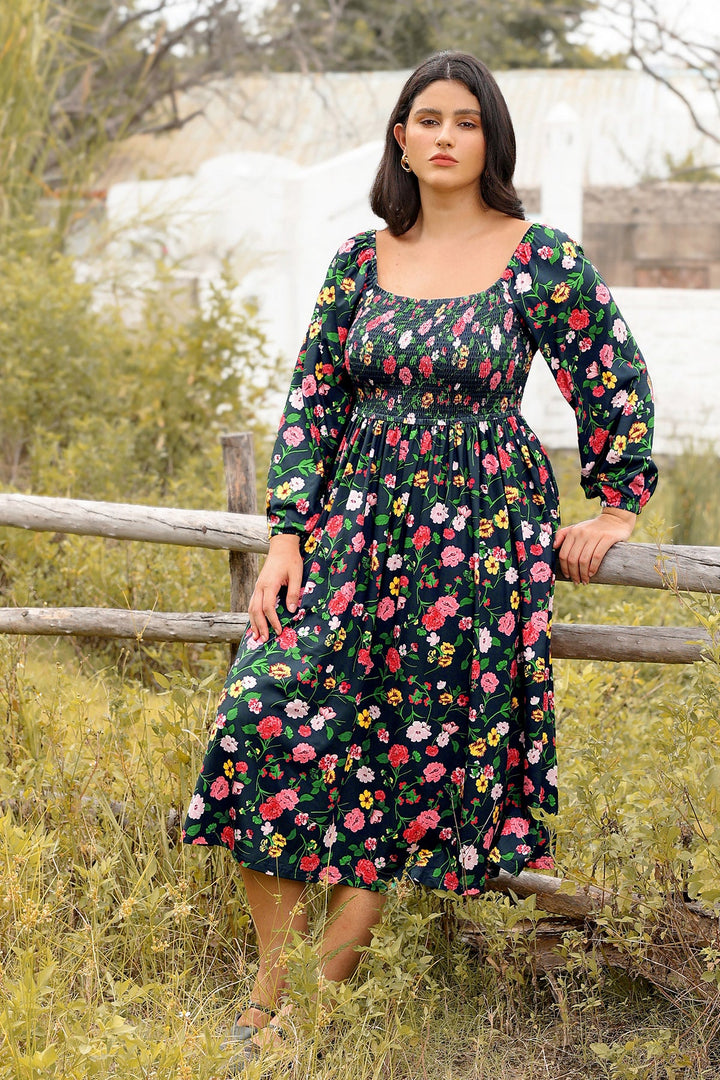 Pockets Chic Floral Smocked Square Neck Midi Dress