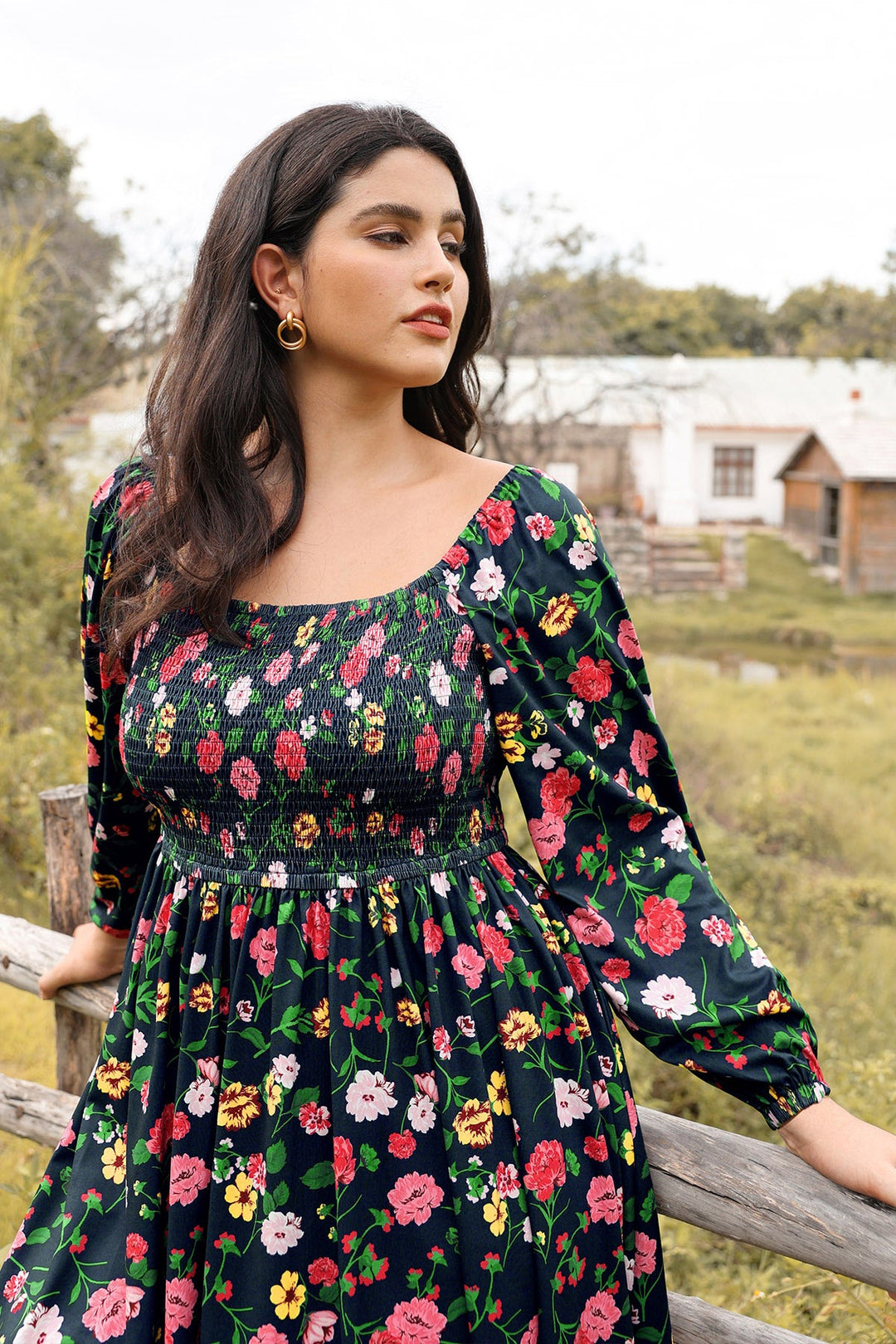 Pockets Chic Floral Smocked Square Neck Midi Dress
