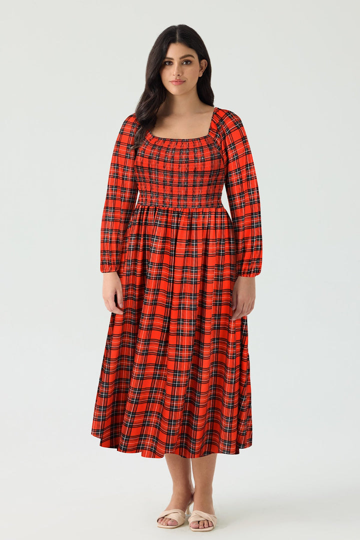 Pockets Plaid Smocked Long Sleeve Midi Dress