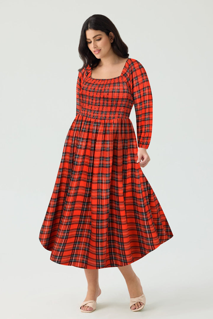Pockets Plaid Smocked Long Sleeve Midi Dress