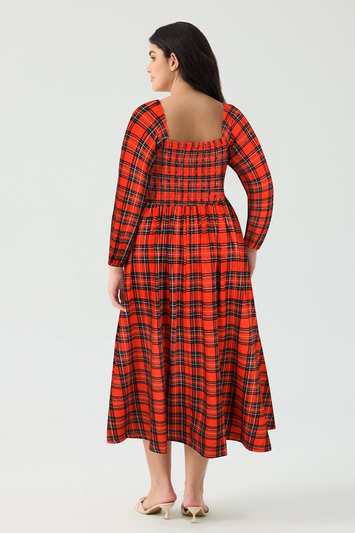 Pockets Plaid Smocked Long Sleeve Midi Dress