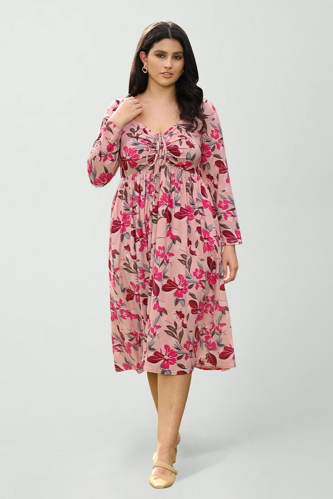 Pockets Floral Print Sweetheart Tie-Front Midi Dress