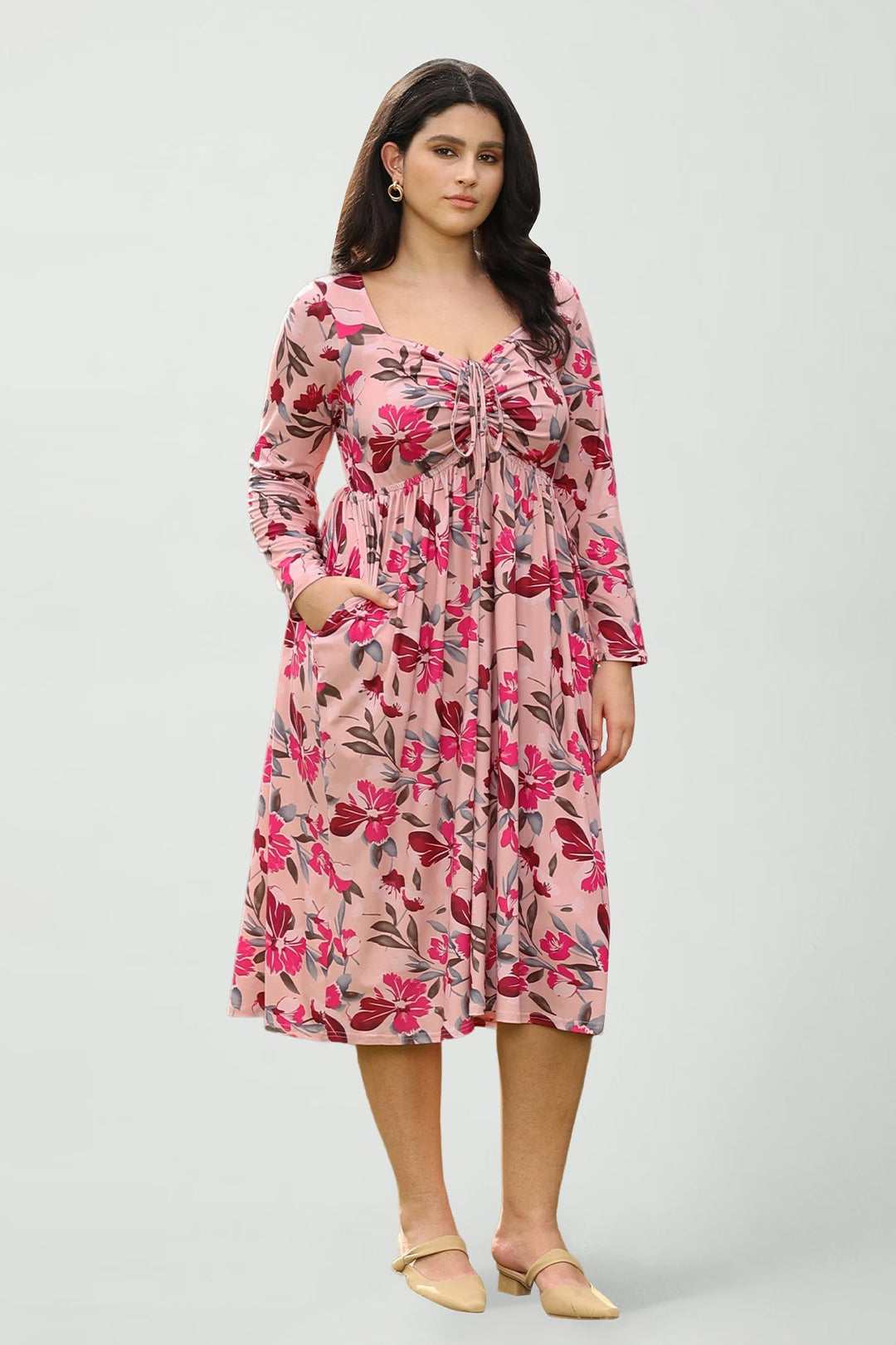 Pockets Floral Print Sweetheart Tie-Front Midi Dress