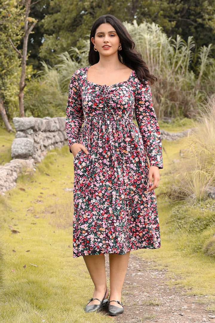 Pockets Floral Print Sweetheart Tie-Front Midi Dress