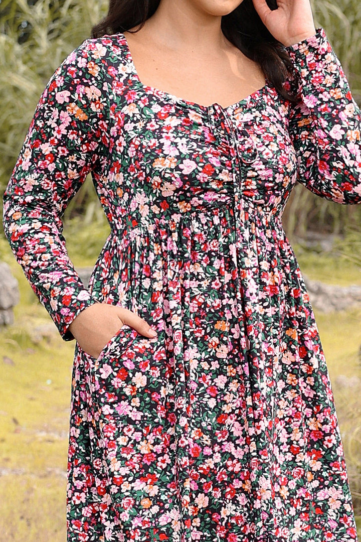Pockets Floral Print Sweetheart Tie-Front Midi Dress