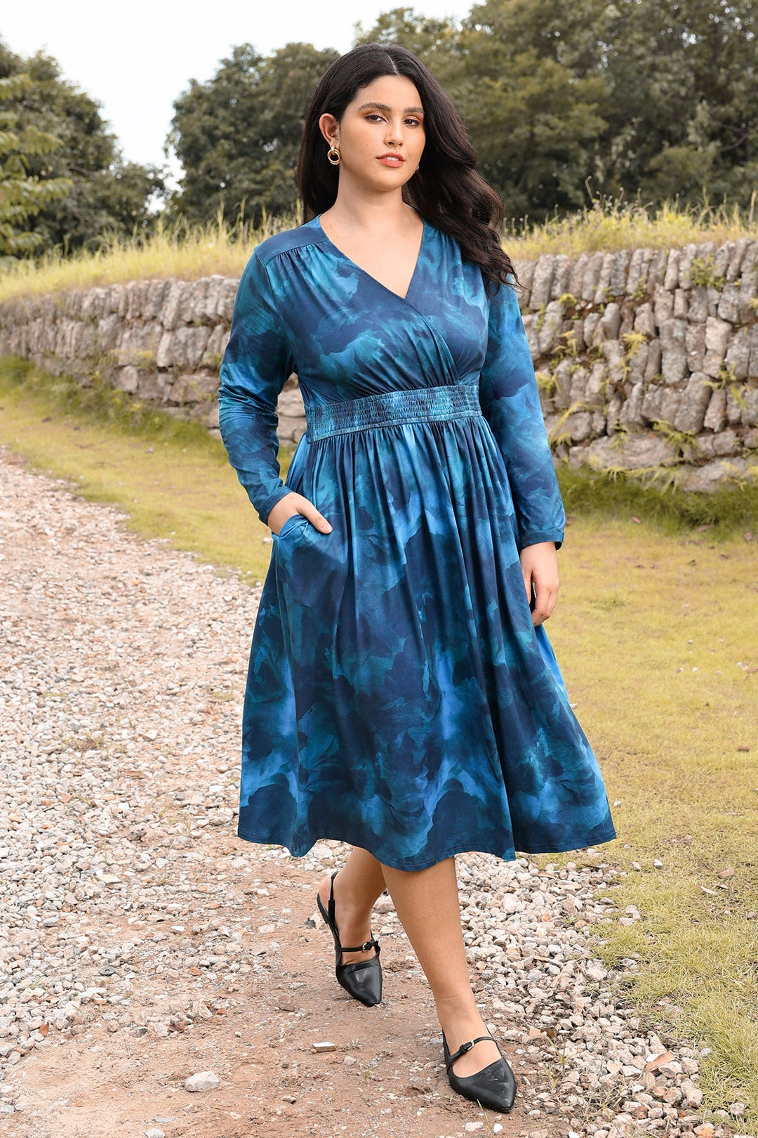Pockets Tartan Plaid Smocked Waist Midi Dress