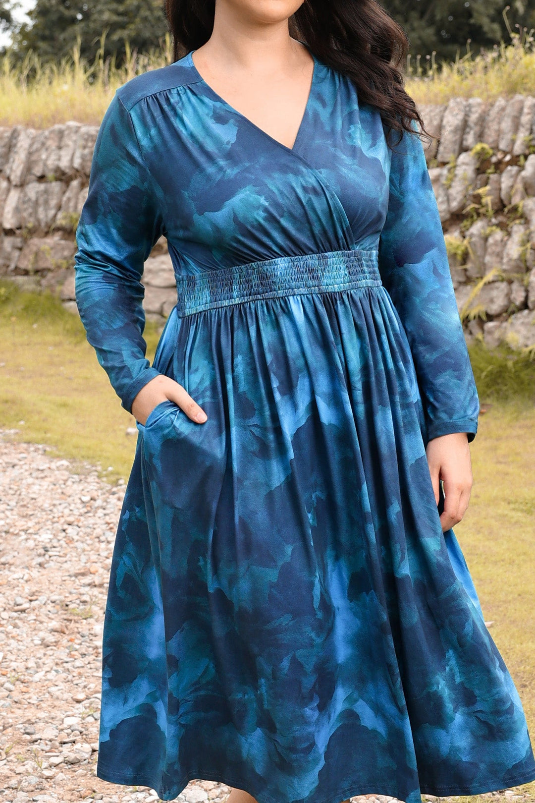 Pockets Blue Tie-Dye Floral Bohemian Midi Dress