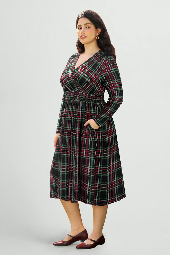 Pockets Tartan Plaid Smocked Waist Midi Dress