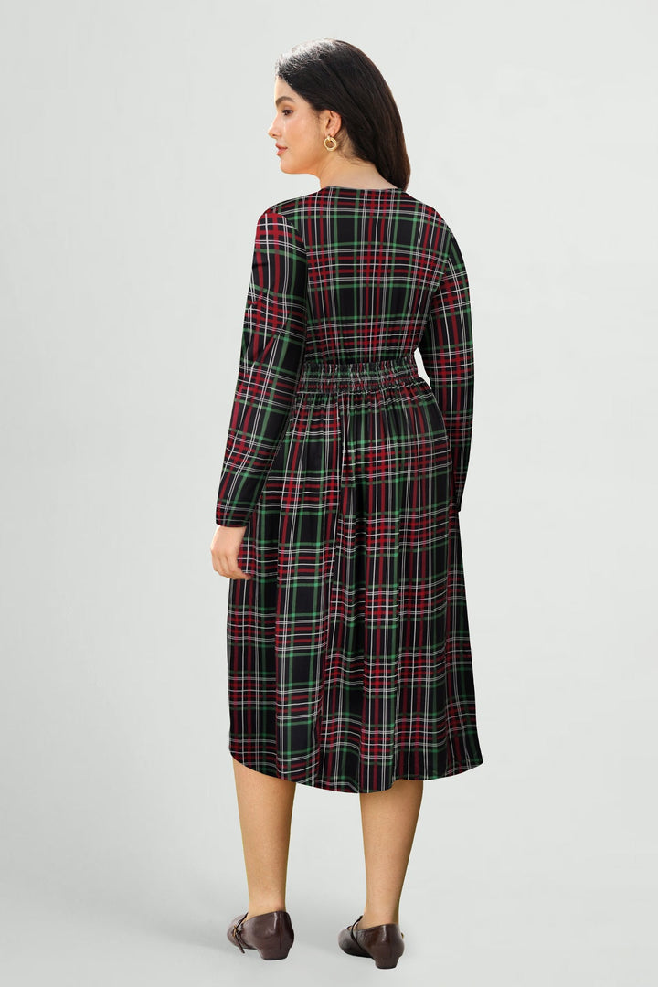 Pockets Tartan Plaid Smocked Waist Midi Dress