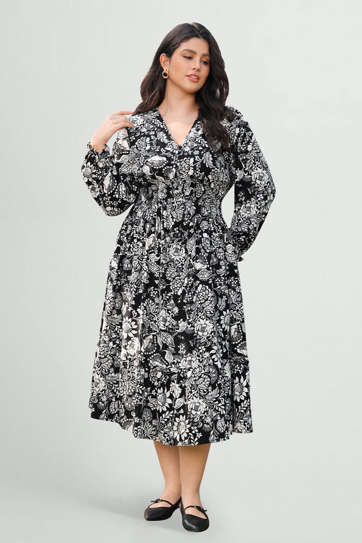 Pockets Bohemian Smocked A-Line Midi Dress
