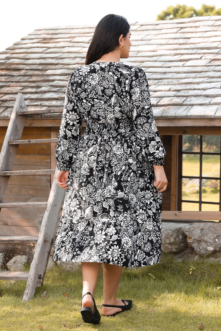 Pockets Polka Dot Smocked A-Line Midi Dress