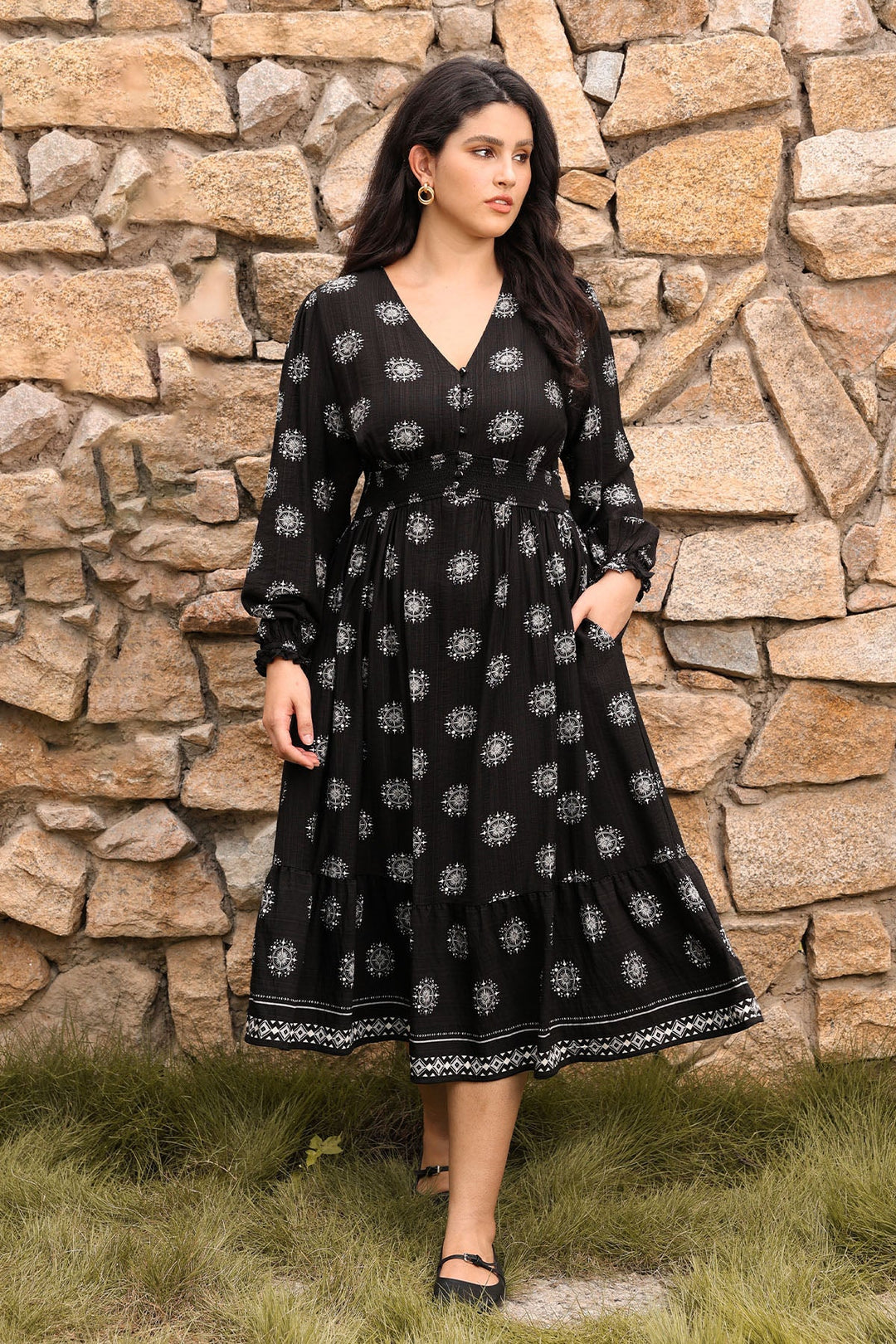Pockets Polka Dot Smocked A-Line Midi Dress