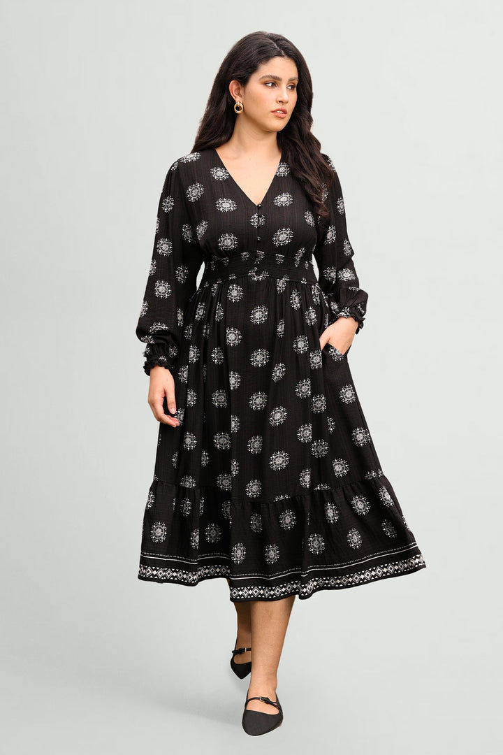 Pockets Bohemian Smocked A-Line Midi Dress
