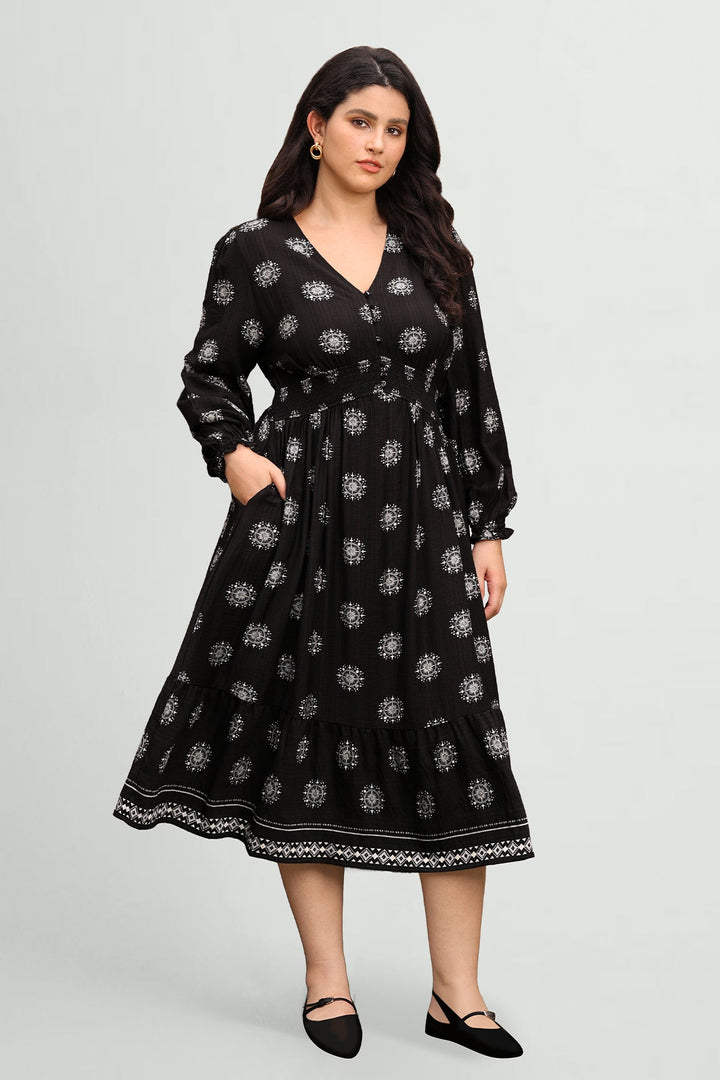 Pockets Bohemian Smocked A-Line Midi Dress