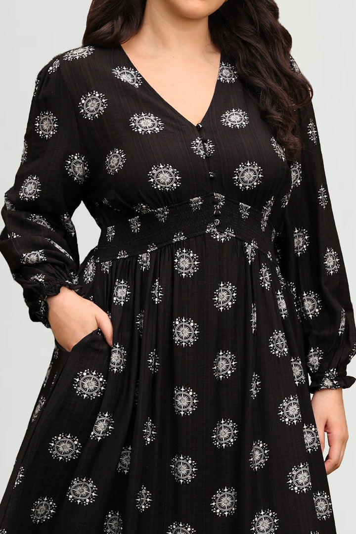 Pockets Bohemian Smocked A-Line Midi Dress