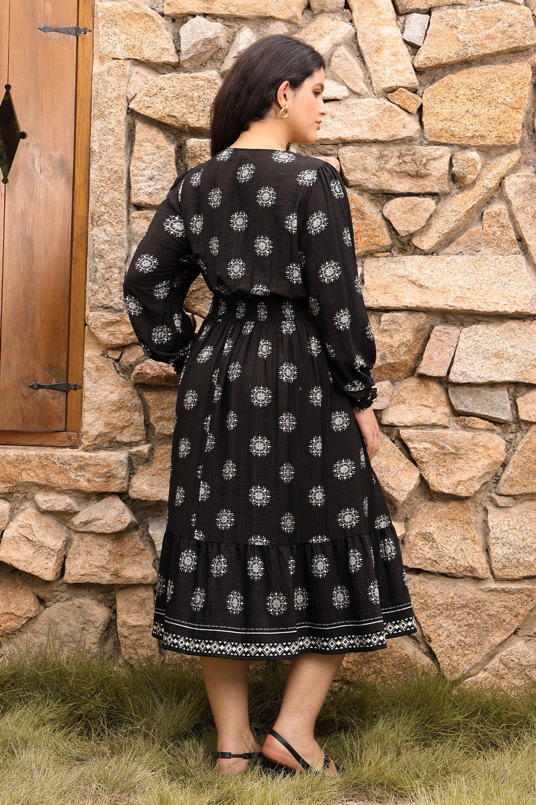 Pockets Polka Dot Smocked A-Line Midi Dress