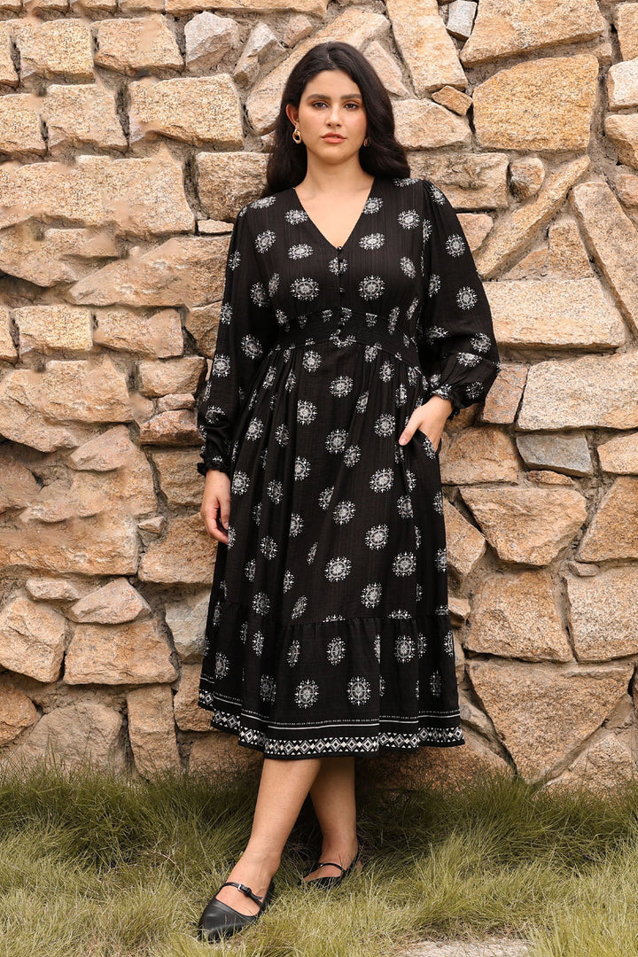 Pockets Polka Dot Smocked A-Line Midi Dress