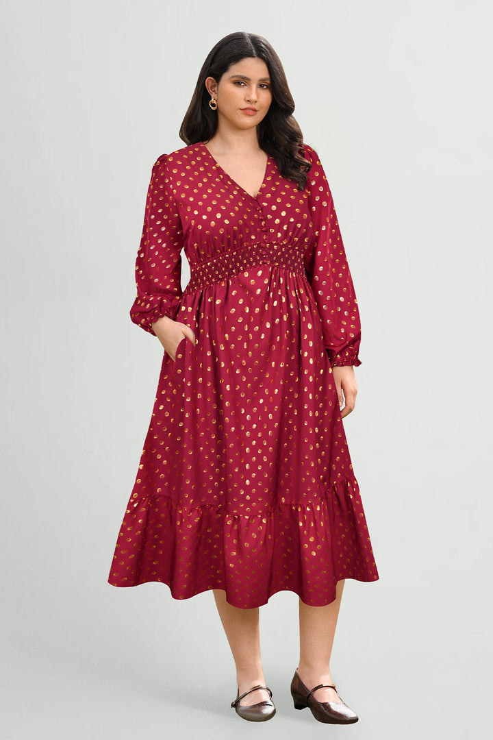 Pockets Polka Dot Smocked A-Line Midi Dress