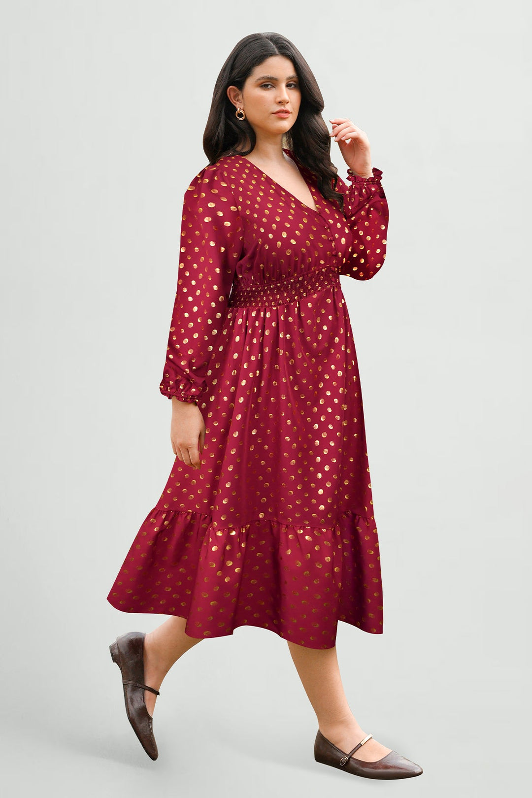 Pockets Polka Dot Smocked A-Line Midi Dress