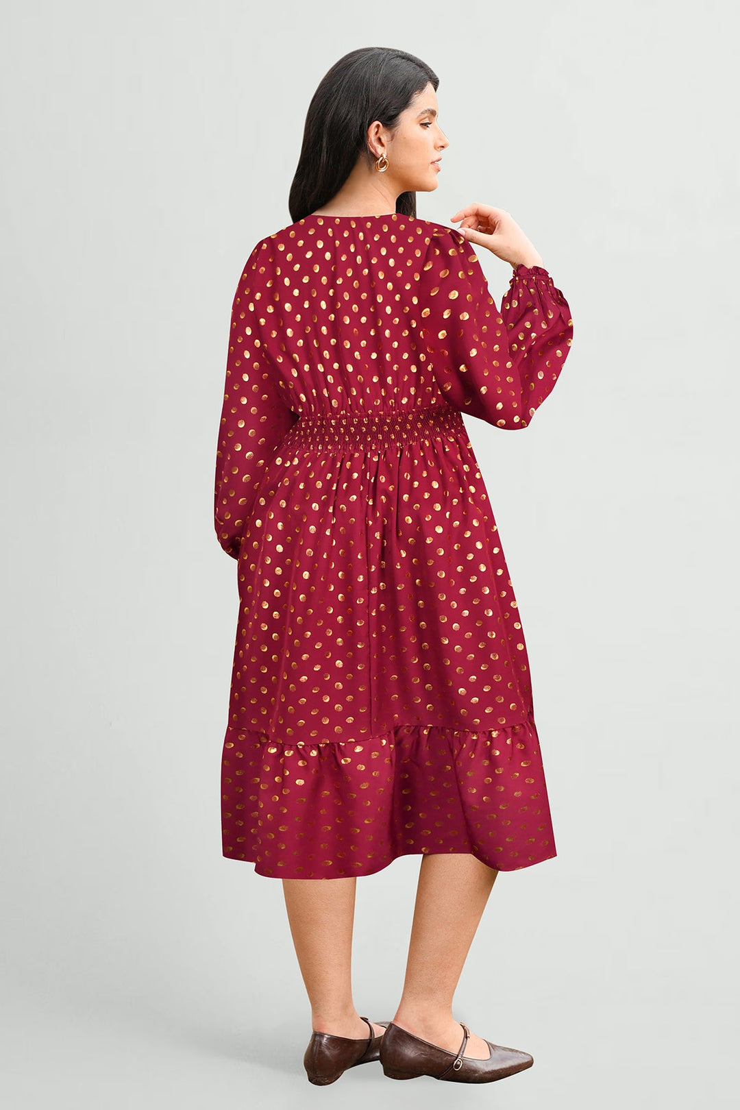 Pockets Polka Dot Smocked A-Line Midi Dress